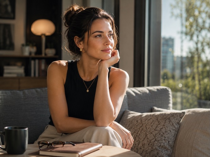 female pondering her thoughts