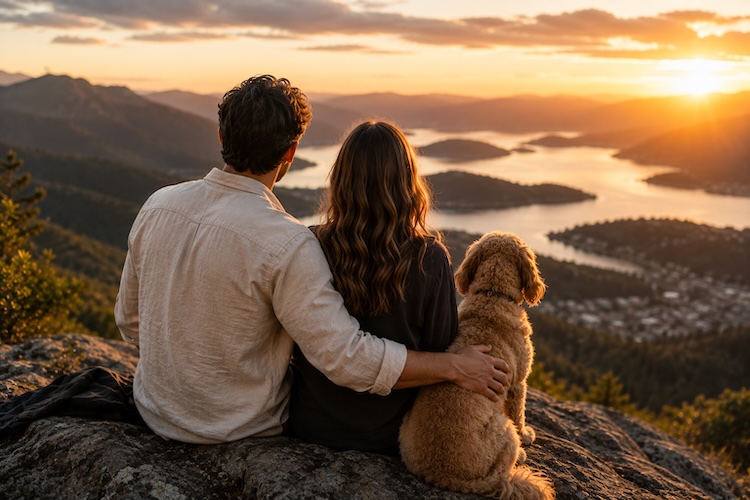 couple sitting with dog looking at view