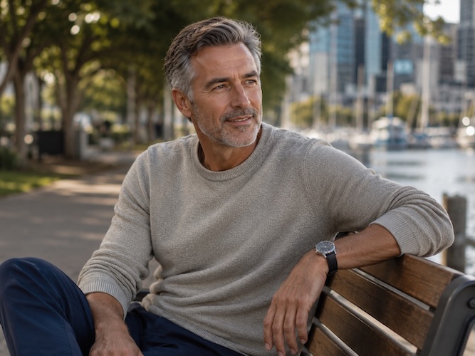 male sitting on park bench pondering thoughts