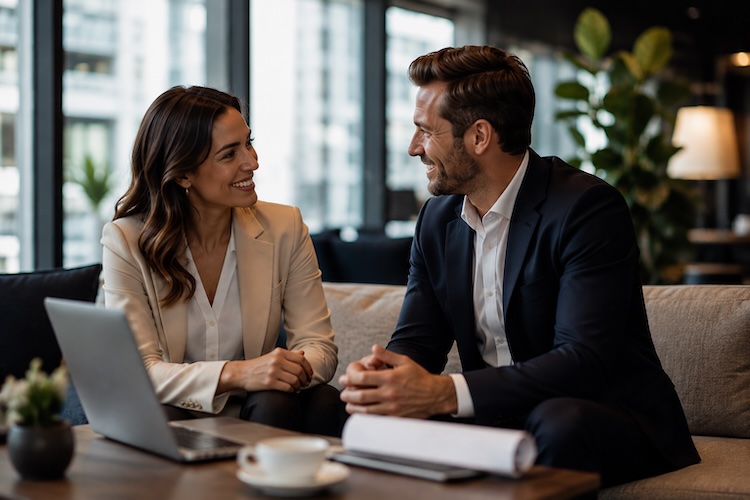 professionals on a coffee date smiling at each other